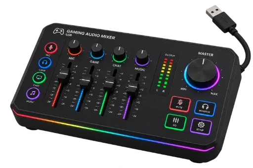 Black Gaming Audio Mixer with RGB Lighting