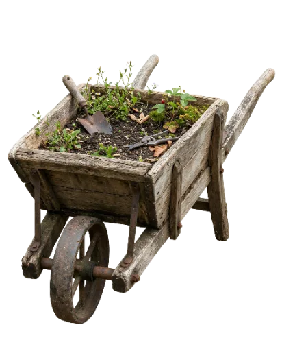 Wooden Wheelbarrow with Soil and Garden Tools
